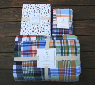 Pottery Barn Kids Madras patchwork Quilt sham Numbers letters organic 