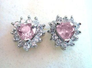 18K White GP Pink Sapphire Diamond Stud Earrings / 7mm Heart