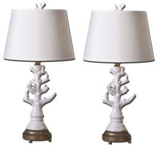  Ceramic Coral TABLE LAMPS Beach Buffet Reef Off White Pair Set