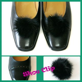 Real Mink Fluffy Fur Big Ball Shoe Clips   Black color