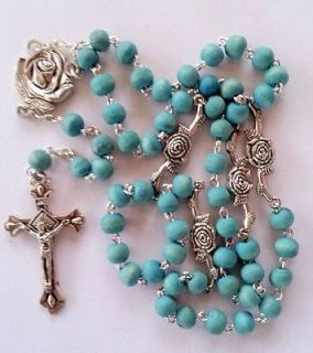 Wooden Cyan Rosary Bead Chain Necklace Chaplet Israel Christian Cross 