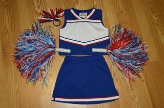 CHEERLEADER OUTFIT COSTUME HALLOWEEN RED WHITE BLUE POM POMS BOW 6 