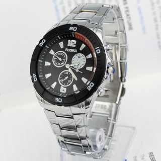 Watch Mens ROSRA Big Dial Stainless Steel Quartz Silvery Band Wrist 