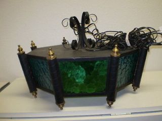 VTG Hang Swag Lamp Wrought Iron Metal Blue Green Stained Slag Glass 