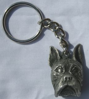 BOXER Cropped Ears Pewter Dog Head Keychain Key Chain Ring