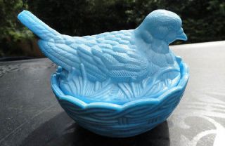 Antique Blue Milk Glass Vallerysthal Portieux Covered Robin Dish Nest 
