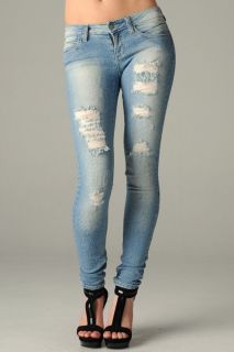 New Light Blue Distressed Skinny Jeans Ripped Shredded Stretch Denim