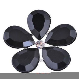 Black Flower Brooch Pin Women 53MM Rhinestone Acrylic Crystal White 