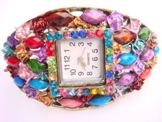 BRASS Vintage Style Swarovski Crystal Womens Bracelet Bangle Cuff 