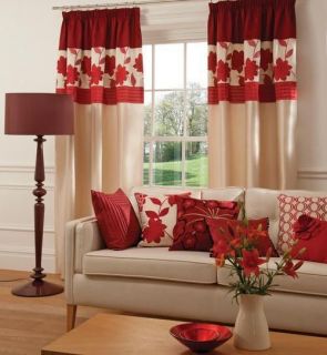 RED CREAM FAUX SILK PENCIL PLEAT LINED LOUNGE CURTAINS 66 x 90