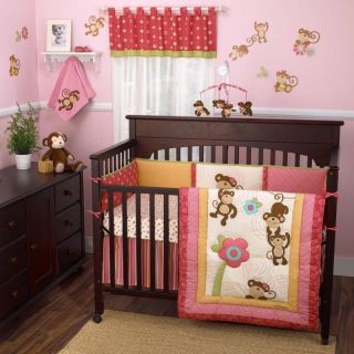 Pink & Brown Monkey 4pc w/ Diaper Stacker Baby Girl Nursery Crib 