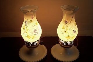   HURRICANE HOBNAIL MILK GLASS LAMPS W/PAINTED FLOWERS WORK WELL