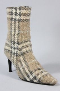 BURBERRY Beige Gray Plaid Leather Lined Pointed Toe Ankle Boots Heels 