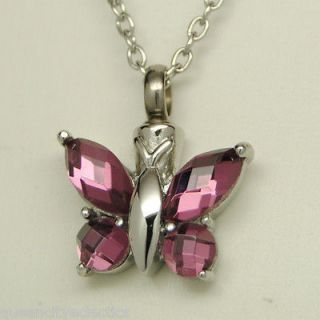   PINK BUTTERFLY CREMATION URN NECKLACE, STAINLESS CREMATION JEWELRY