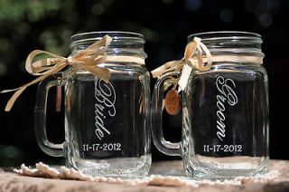 MASON JAR MUGS, WEDDING GLASSES, BRIDE AND GROOM, PERSONALIZED10 FONT 