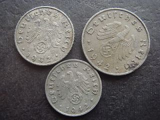Germany 1942 A NAZI Swastika 1 5 10 Pfening Coin   REAL WW2 coins 