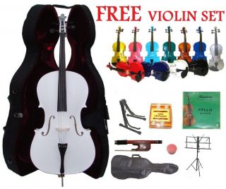 White Cello,Case,Bag​,Bow+Xtra Strings+Tuner+​2 Stands+Rosin+F 