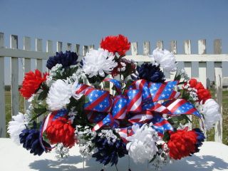 Red White Blue Cemetery Flowers Tombstone Saddle Fathers Day Grave 