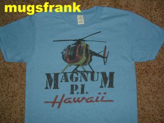 New Magnum Pi P I Tv Show Tom Selleck Helicopter Hawaii Blue T Shirt
