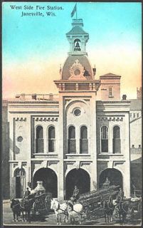   Wisconsin 1908 West Side Fire Station Horse Drawn Equipment Postcard