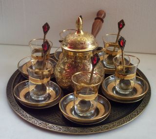 Turkish Tea Set,Imperial,Cups,Saucers,Dishes,Ibrik,Spoons,Glass,Brass 