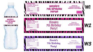 Zebra Print Pink Purple ~ Printed Water Bottle Labels ~ Birthday Party 