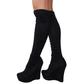 Sexy City Slick Stretched Suede Slip in Knee High Wedge Platform Boots 