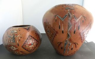 Native American Navajo Pottery 2 Vase Traditional Pine Pitch Large 