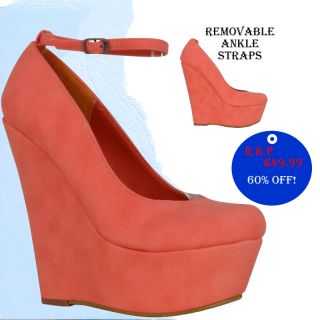 W5Y Ladies Black/Peach High Heel Platform Wedges Ankle Strap Buckle 