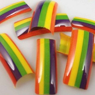 100 Stunning Rainbow Stripes Styles False French Acrylic Nail Art Tips 