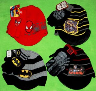 Spiderman Transformers Barman Ironman Winter Hat + Glove Set Fits Boy 