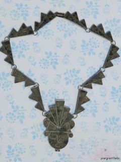 VINTAGE MEXICAN STERLING SILVER AZTECA CHIP MOSAIC MASK NECKLACE