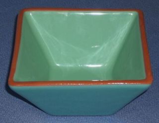 Crate and Barrel Red Clay Pottery SQUARE BOWL   Teal Green Glaze