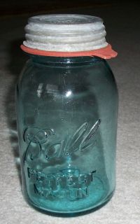 Old Vintage BALL BLUE Perfect MASON Quart JAR+Zinc Lid+New Rubber Nice 