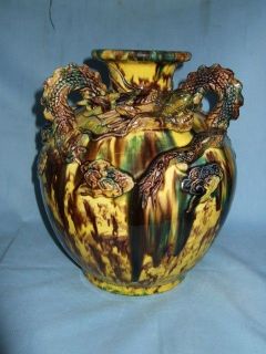 Fantastic large antique Japanese Awaji stoneware Dragon vase.