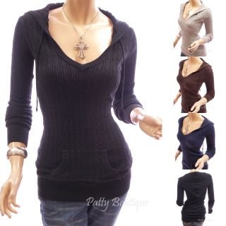 Comfy Hooded Cable Knit Long Sleeve Jumper Tunic Top