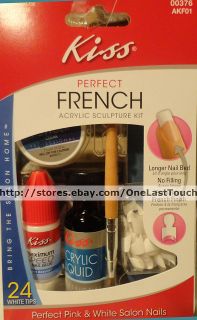KISS~Perfect French ACRYLIC SCULPTURE NAIL KIT~24 White Tips+File+Brus 