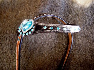 HORSE BRIDLE WESTERN LEATHER HEADSTALL TACK TURQUOISE HEART BARREL 