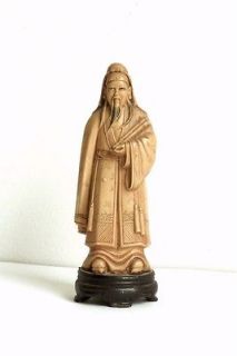 Vintage Chinese Carved Faux Ivory Figurine of Old Man on a Wooden Base