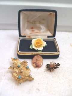 Coalport Vintage China Flower Shaped Brooch In Box With 2 Other 