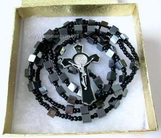   Cube Beads All Black Rosary Necklace St Benedict Cross Gift Boxed