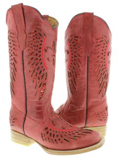 WOMENS LADIES RED LEATHER SEQUINS SQUARE COWBOY BOOTS WESTERN RIDING 