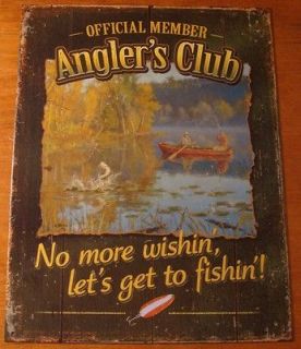 ANGLERS CLUB Fishing Lodge Rustic Lake Log Cabin Home Decor Sign NEW