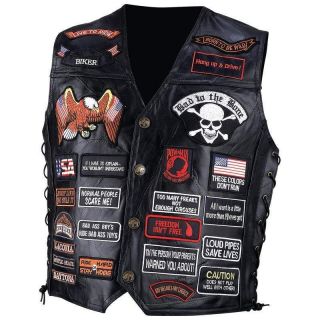 Leather Biker Motorcycle Vest w/42 Patches, USA, NEW
