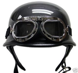 DOT German Black LEATHER Motorcycle Half Helmet Biker w/ Pilot Goggles 