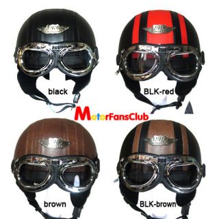   Motorcycle Scooter Half Face Leather Helmet + Goggles + Helmet Bag