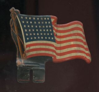 ANTIQUE VINTAGE 48 STAR AMERICAN FLAG Metal LICENSE PLATE TOPPER