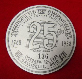 Northwest Territory Sesqui centenn​ial 1788 1938, 25 Cmes, Cinq Sous 
