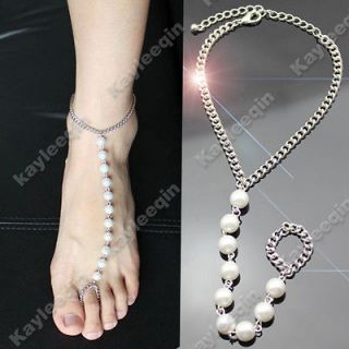 Silver Pearl Anklet Bracelet Bangle Foot Harness Toe Ring Barefoot 