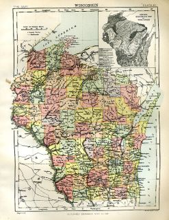 Antique Colour Map of USA State of WISCONSIN color map 1888